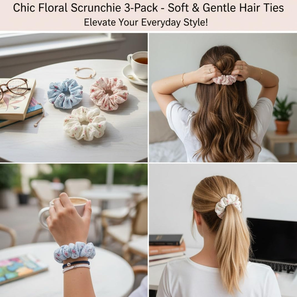 3-Pack Floral Lace Scrunchies – White, Pink & Blue Hair Ties