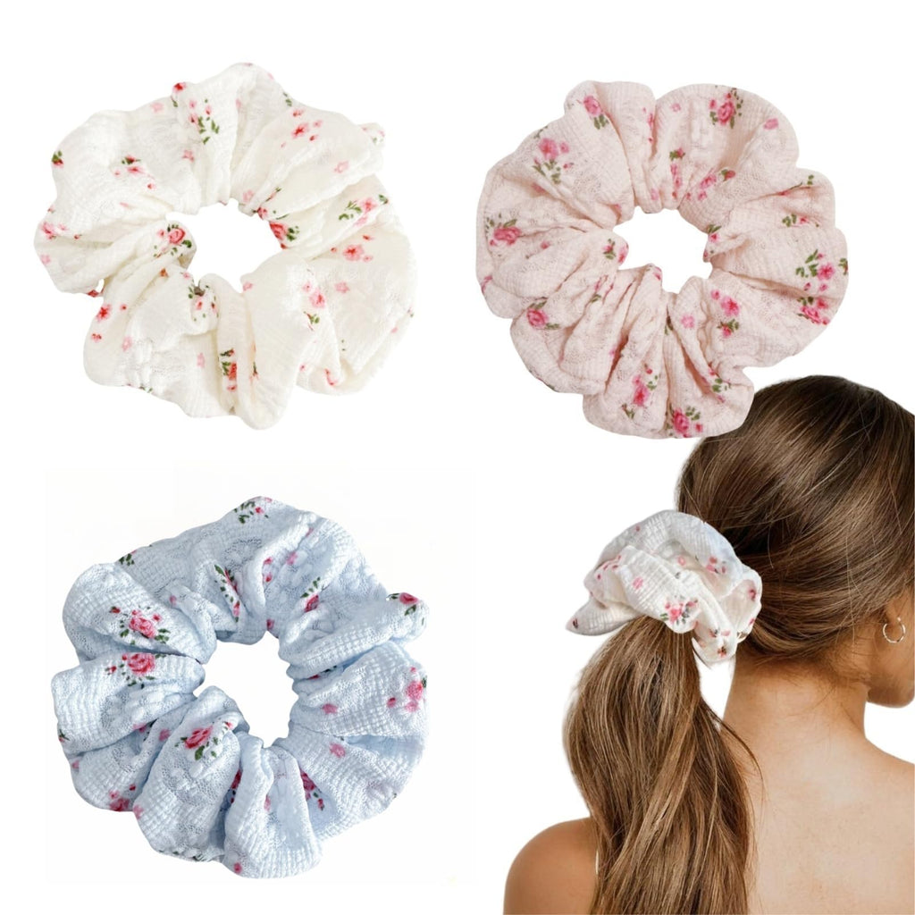 3-Pack Floral Lace Scrunchies – White, Pink & Blue Hair Ties