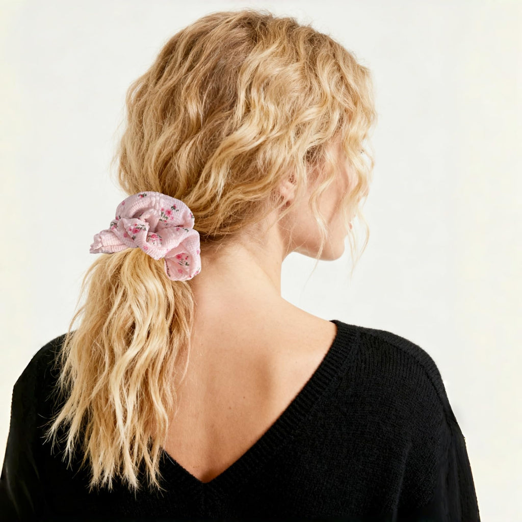3-Pack Floral Lace Scrunchies – White, Pink & Blue Hair Ties