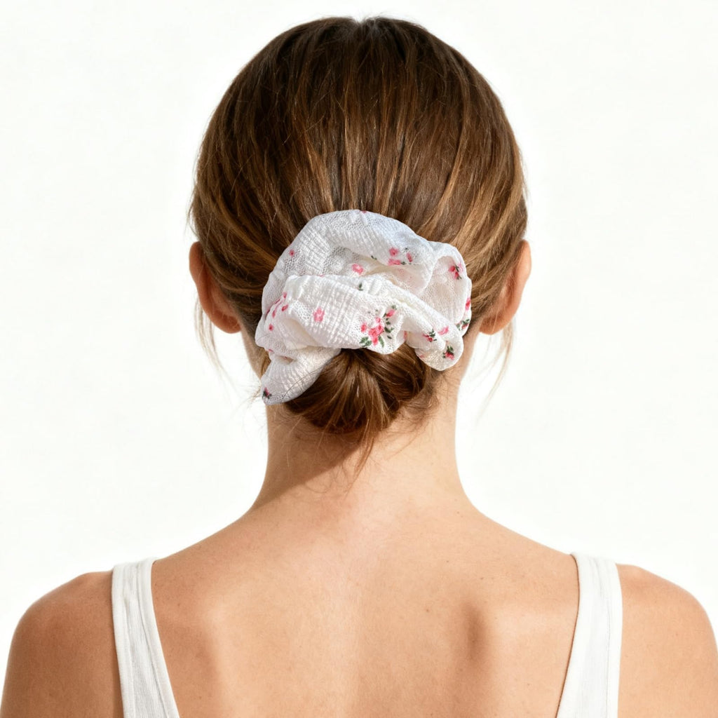 3-Pack Floral Lace Scrunchies – White, Pink & Blue Hair Ties