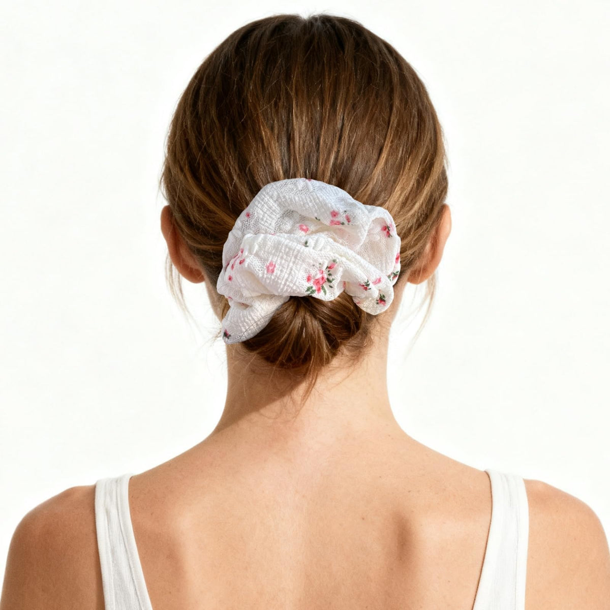 3-Pack Floral Lace Scrunchies – White, Pink & Blue Hair Ties