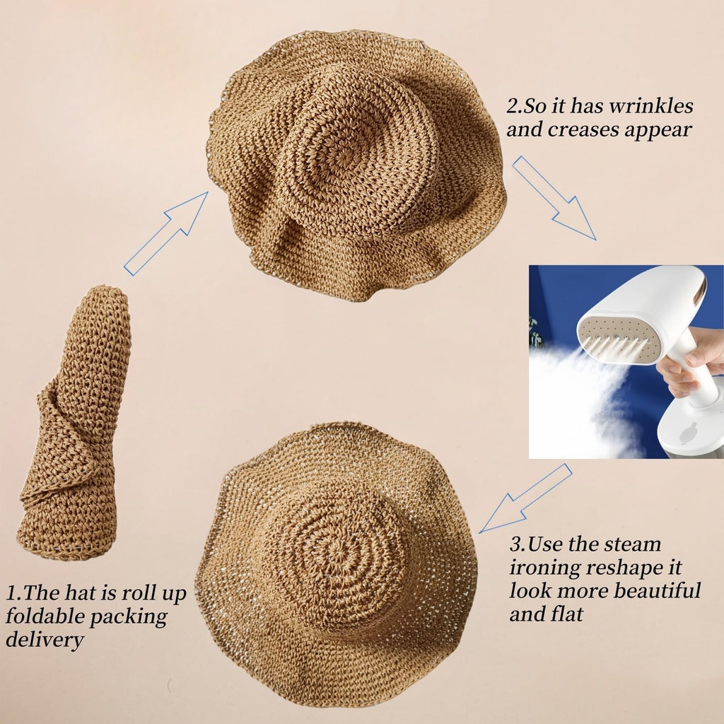 Handmade Crochet Straw Beach Hat – Wide Brim, Foldable, Women’s