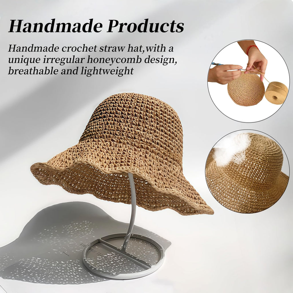 Handmade Crochet Straw Beach Hat – Wide Brim, Foldable, Women’s