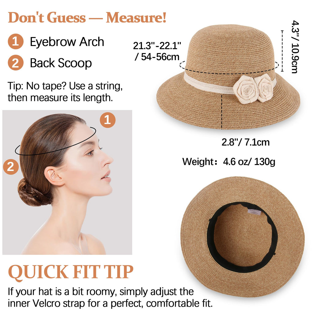 Straw Sun Hat with Crochet Flowers – Wide Brim Fedora, Women’s, Beige