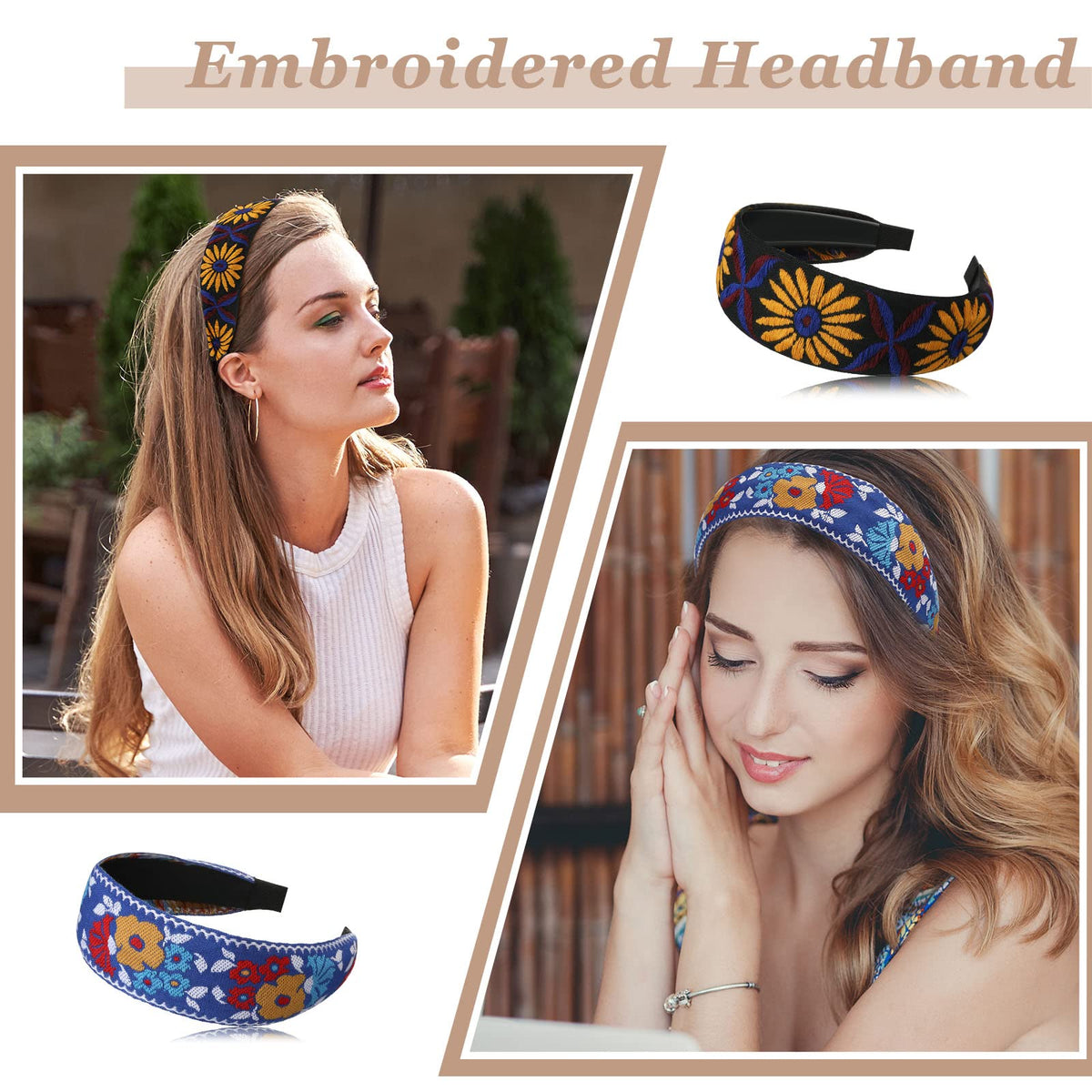 Geosar 9 Pcs Boho Wide Embroidered Headbands for Women Floral Ethnic