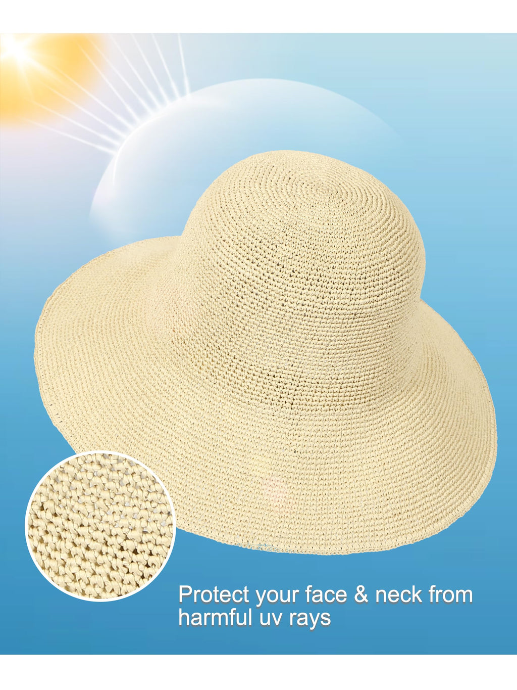 Handmade Foldable Straw Bucket Hat – Women’s Sun Hat, Beige, Size S