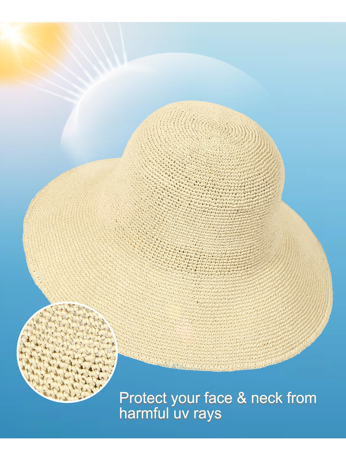 Handmade Foldable Straw Bucket Hat – Women’s Sun Hat, Beige, Size S