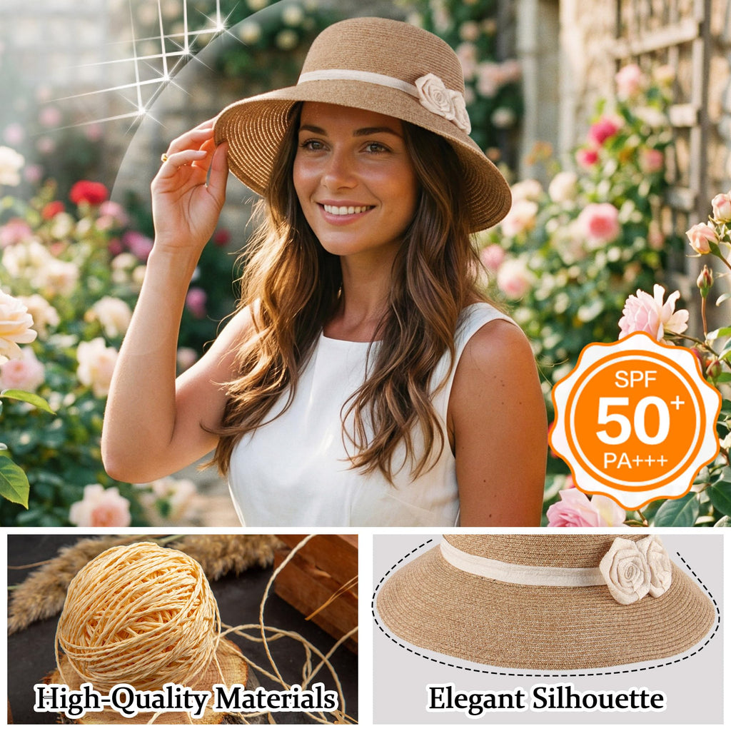 Straw Sun Hat with Crochet Flowers – Wide Brim Fedora, Women’s, Beige
