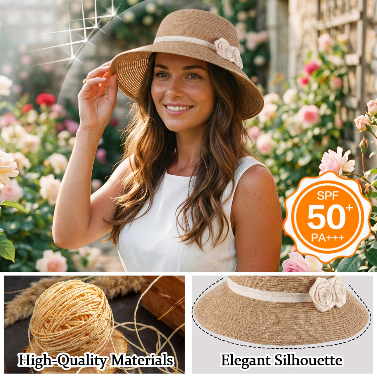 Straw Sun Hat with Crochet Flowers – Wide Brim Fedora, Women’s, Beige