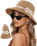 Straw Sun Hat with Crochet Flowers – Wide Brim Fedora, Women’s, Beige