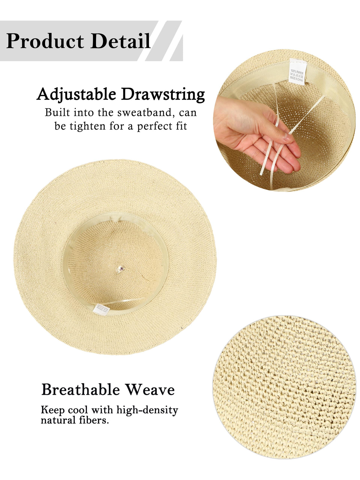 Handmade Foldable Straw Bucket Hat – Women’s Sun Hat, Beige, Size S