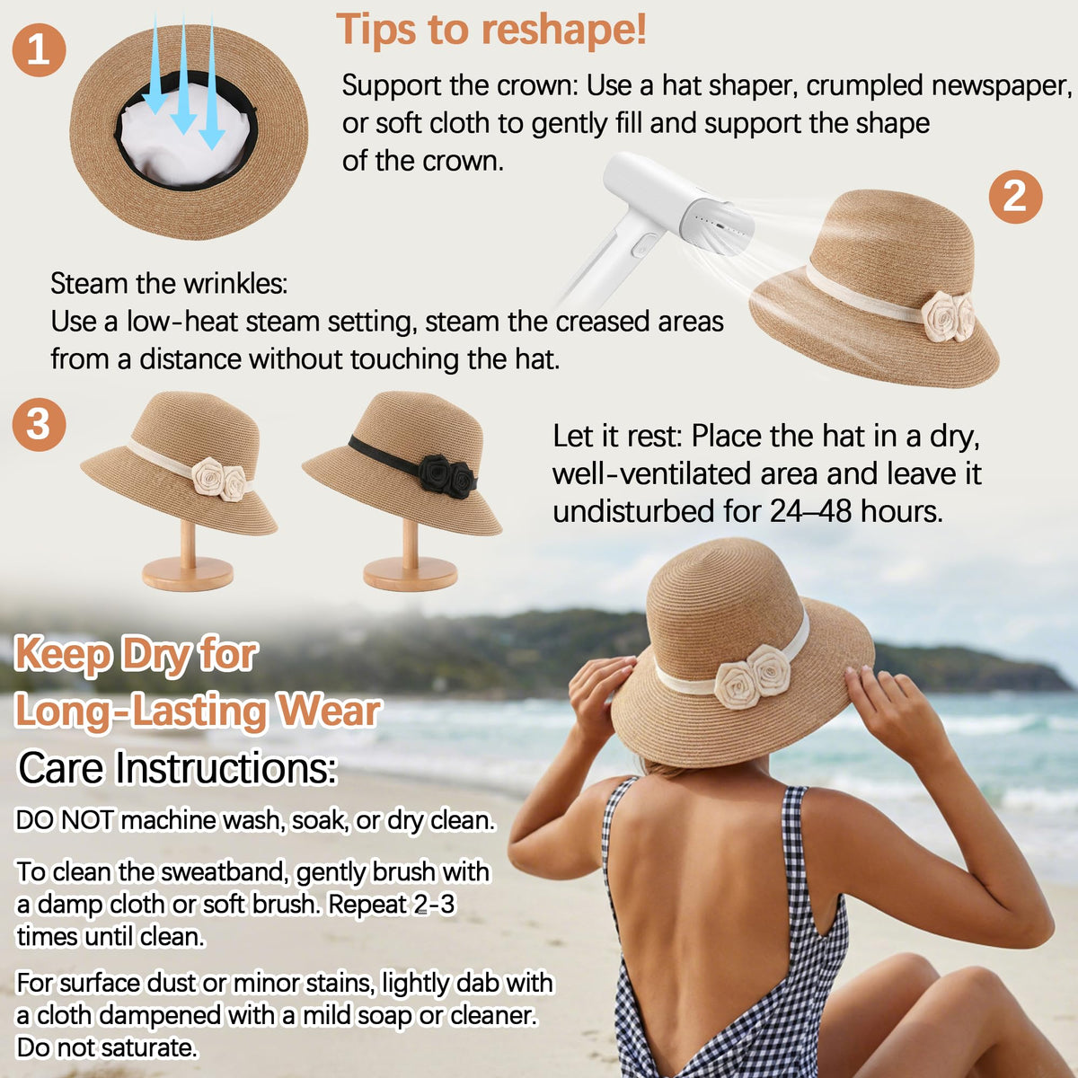Straw Sun Hat with Crochet Flowers – Wide Brim Fedora, Women’s, Beige