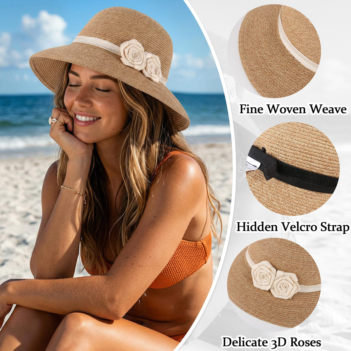 Straw Sun Hat with Crochet Flowers – Wide Brim Fedora, Women’s, Beige