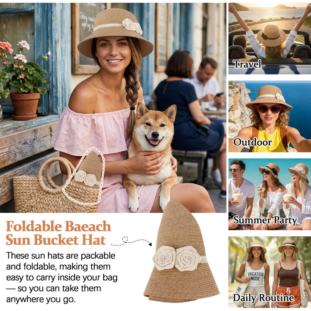 Straw Sun Hat with Crochet Flowers – Wide Brim Fedora, Women’s, Beige