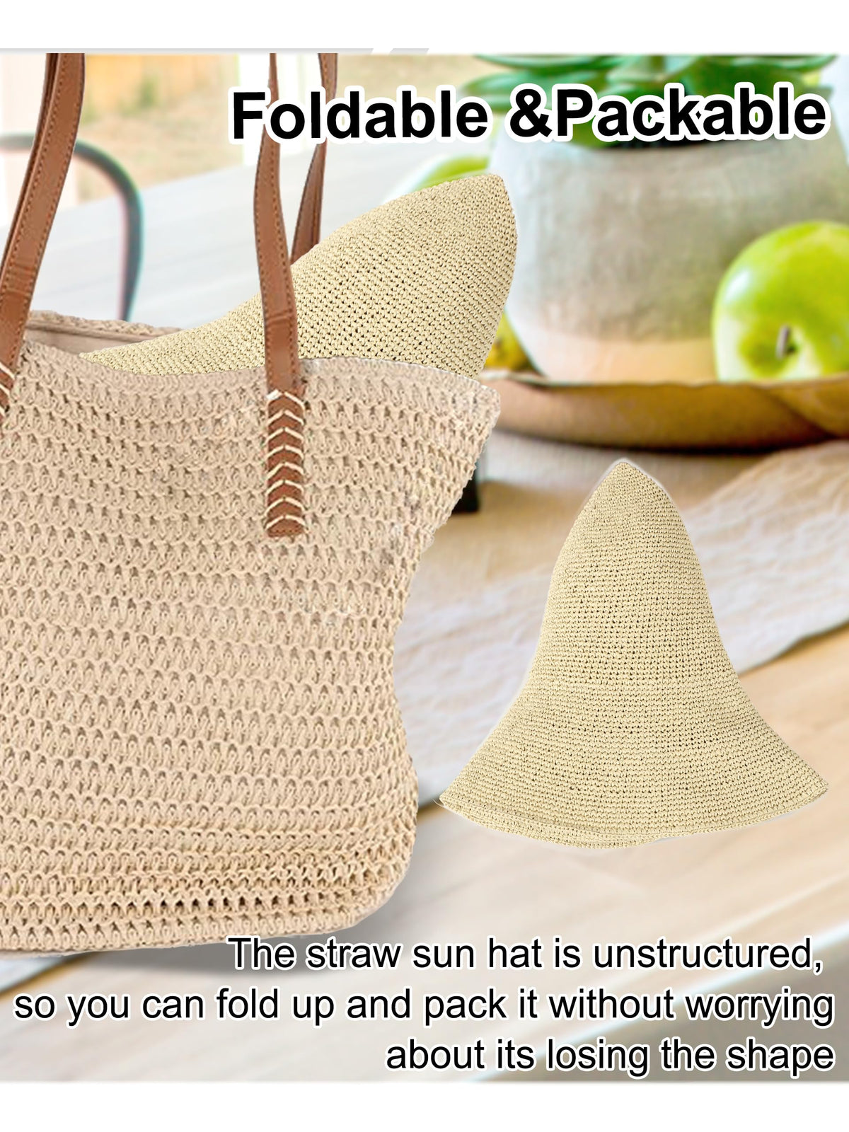 Handmade Foldable Straw Bucket Hat – Women’s Sun Hat, Beige, Size S